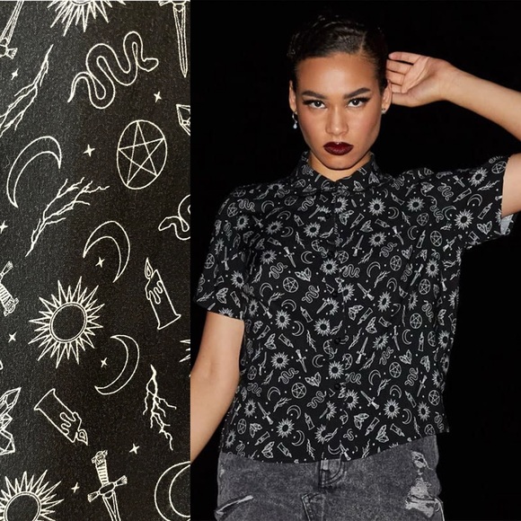Hot Topic Tops - Hot Topic The Craft Witchy Symbols Black Boxy Crop Button Up Shirt Occult Large